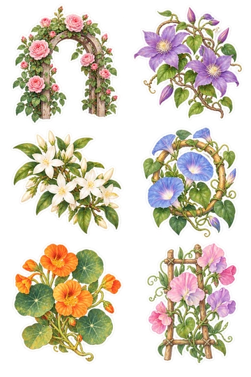 Six autocollants nature : rose grimpante enroulée autour d'une petite arche en bois ; fleurs de clématites violettes sur une vigne courbée ; branche de jasmin blanc avec des fleurs en forme d'étoile ; vigne bleue de gloire du matin enroulée autour d'un court cerceau de bambou ; fleurs de nasturtium orange avec des feuilles rondes ; fleurs de pois douces attachées doucement à un treillis miniature.
