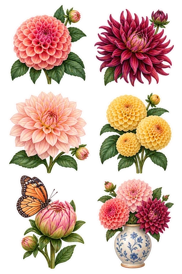 Six nature stickers: coral ball dahlia blossom with dark green leaves; deep burgundy cactus dahlia flower; pale peach dinnerplate dahlia on a short stem; yellow pompon dahlia cluster; small butterfly resting on a pink dahlia bud; ceramic vase holding three little dahlia blooms.