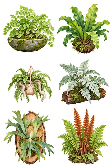 Six autocollants nature : fougère à poils vierges dans un bol en pierre recouvert de mousse ; fougère à nid d’oiseau avec de larges feuilles ondulées ; fougère à pattes de lapin avec rhizomes flous dans un pot suspendu ; fougère à dentelle argentée poussant d’une minuscule bûche d’écorce ; fougère à corne de cerf montée sur une pièce de bois ovale ; fougère à cannelle avec de hautes frondes fertiles en cuivre.
