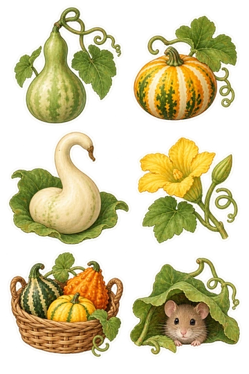 Six nature stickers: pear-shaped green bottle gourd with a curled vine; round striped orange ornamental gourd with a leaf; pale cream swan-neck gourd resting on a broad leaf; small yellow gourd flower with a curled tendril; basket of three different tiny ornamental gourds; little field mouse peeking from beneath a gourd leaf.