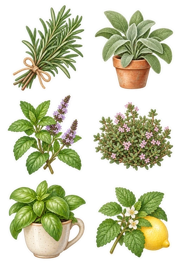 Six nature stickers: rosemary sprig tied with linen thread; sage leaves growing from a small terracotta pot; mint branch with tiny lavender flower spikes; thyme cushion with scattered attached pink blooms; basil plant in a simple cream cup; lemon balm sprig resting against one small lemon.