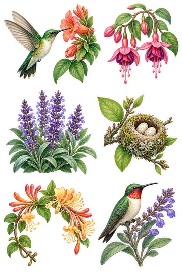 Seis pegatinas de la naturaleza: colibrí esmeralda tocando una flor de trompeta de coral; rama fucsia rosa con flores colgantes; grupo de flores de salvia púrpura; pequeño nido de colibríes con dos pequeños huevos en una ramita de hojas; vid de madreselva naranja curvada en un pequeño arco; colibrí de garganta rubí encaramado en un tallo de salvia en flor.