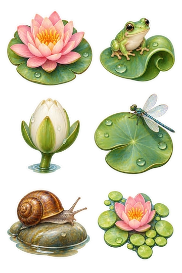 Six autocollants nature : fleur de lys d'eau rose assise sur une feuille ronde ; minuscule grenouille verte perchée sur un coussin de lys bouclé ; bourgeon de lys d'eau blanche avec une courte tige épaisse ; coussin de lys rond avec une libellule perchée sur son bord ; escargot d'eau reposant sur un galet d'étang lisse ; petit amas de potiron flottant autour d'une fleur rose.