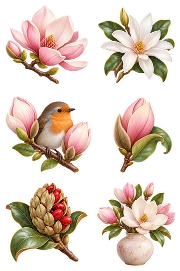 Six nature stickers: pink magnolia blossom on a short brown branch; white star magnolia flower with glossy green leaves; small robin nestled between two magnolia buds; velvety unopened magnolia bud with a curled leaf; round magnolia seed cone with red seeds; small vase of cream and pink magnolia blossoms.