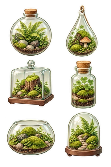 Six autocollants nature : terrarium en verre rond contenant une fougère minuscule et des pierres lisses ; terrarium suspendu en larme avec de la mousse et un champignon miniature ; cloche en verre carré sur une souche d’arbre moussue ; petite bouteille en liège remplie de terre et de trèfle stratifiés ; grand bol en verre peu profond avec une colline de mousse miniature ; petit terrarium en forme de dôme avec un chemin de galets sinulant et deux fougettes.