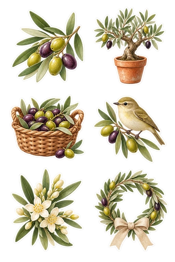 Sechs Sticker zum Thema „Olivenzweigtage“: Olivenzweig mit grünen und lila Früchten; kleiner alter Olivenbaum in einem Terrakottatopf; gewebter Korb gefüllt mit reifen Oliven und Blättern; winziger Laubsänger auf einem Olivenzweig; cremefarbene Olivenblüten mit schmalen silbrigen Blättern; geschwungener Olivenblattkranz, gebunden mit einem Leinenbogen.