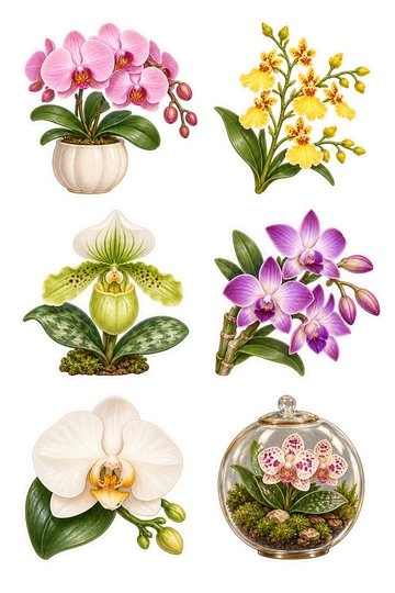 Sechs Sticker zum Thema „Orchideenkabinett“: rosa Motten-Orchidee in einem Creme-Keramiktopf; gelbe Tanz-Lady-Orchideeblütenspray; grüne Slipper-Orchidee mit einem abgerundeten Beutel; lila Dendrobium-Orchidee auf einem kurzen Zweig; weiße Orchideenblüte mit einem warmen Goldzentrum und einem Blatt; kleines Terrarium, das eine winzige gefleckte Orchidee enthält.