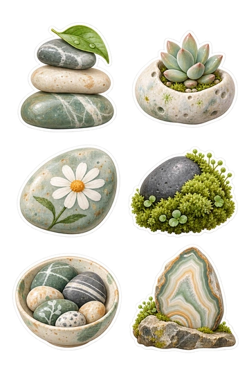 Six nature stickers: three rounded pebbles stacked with one green leaf; tiny succulent growing from a hollow pale stone; smooth river pebble painted with a simple daisy; moss cushion hugging a dark basalt pebble; small shallow ceramic dish of patterned stones; striped agate slice resting upright on a natural rock base.