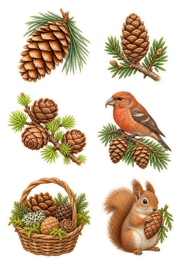 Six nature stickers: large sugar pine cone with a short needle spray; small fir cone standing upright on a leafy twig; round larch cone cluster on a delicate branch; crossbill perched on a pinecone-covered branch; small basket of mixed cones and moss; tiny squirrel holding a closed cedar cone.