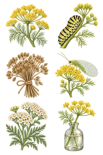 Sechs Sticker zum Thema „Wilder Fenchel“: goldene Fenchelblüten-Dolde mit federgrünen Blättern; gestreifte, auf einem Fenchelstiel gelockte Schwalbenschwanzraupe; Bündel getrockneter Fenchelsamenköpfe gebunden mit Bindfäden; kleine grüne Schnürung auf einer gelben Fenchelblüte; weißer Schafgarrow-Gruppe mit feinen Farn-ähnlichen Blättern; kleine Glasflasche mit einem einzigen blühenden Dillzug.