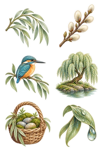 Six nature stickers: curved willow branch with narrow silver-green leaves; pussy-willow twig with soft cream catkins; small kingfisher sitting on a low willow branch; miniature weeping willow growing on a riverbank mound; woven willow basket holding moss and smooth stones; water droplet clinging to a curled willow leaf as one connected sticker.