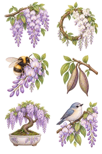 Sechs Sticker zum Thema „Blauregenflüstern“: Lavendel-Blauregen-Gruppe, der von einem Blattzweig hängt; weiße Blauregen-Kaskaden um einen kleinen hölzernen Reifen; runde Hummel, die auf einem einzigen Blauregen-Spray thront; Blauregen-Sampodenpaar, das an einem Zweig befestigt ist; kleine lila Blauregen Bonsai in einem ovalen Keramiktopf; winziger Singvogel auf einem mit Blauregen bedeckten Ast.
