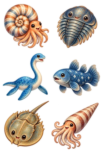 Six individual stickers: cute curled ammonite with striped shell; round trilobite with segmented back; tiny plesiosaur with a long curved neck; small coelacanth with lobe fins; friendly horseshoe crab seen from above; small spiral orthocone nautiloid with rounded point.