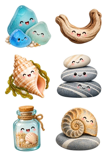 Six individual stickers: smooth frosted blue sea glass cluster; curled piece of driftwood shaped like a smile; ridged whelk shell with a small seaweed ribbon; flat striped beach pebble stack; tiny bottle holding sand and one shell; spiral fossil shell on a smooth stone.