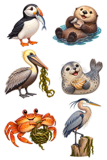 Six individual stickers: puffin holding one small silver fish; otter opening a clam with a tiny stone; pelican carrying a curled seaweed strand; seal holding a round shell like a bowl; crab carrying a little woven seaweed basket; heron perched with one foot on a driftwood stump.