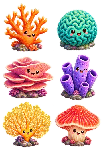 Six individual stickers: branching orange staghorn coral; round turquoise brain coral; pink plate coral with layered shelves; purple tube sponge cluster; golden fan coral on a small stone; red mushroom coral with ridged cap.