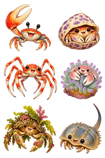 Six individual stickers: fiddler crab waving its oversized claw; box crab tucked into a rounded shell-like body; spider crab with long gently bent legs; porcelain crab perched on an anemone; decorator crab wearing attached seaweed; little horseshoe crab with a curved tail.