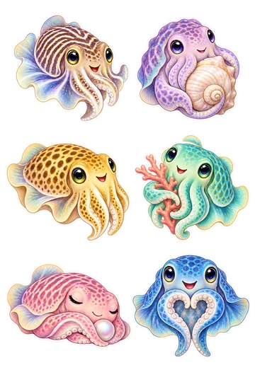 Six individual stickers: round striped cuttlefish fanning its fins; lavender cuttlefish curled around a shell; golden cuttlefish with spotted mantle; mint cuttlefish holding a tiny coral branch; pink cuttlefish sleeping beside a small pearl; blue cuttlefish making a heart with two arms.