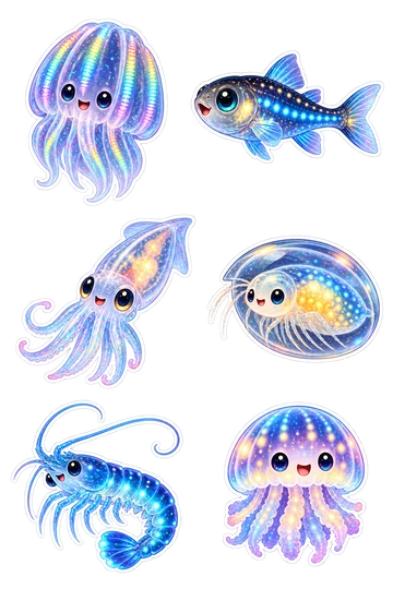 Six individual stickers: tiny bioluminescent comb jelly with rainbow ribs; small lanternfish with glowing dotted sides; glass squid with softly luminous organs; glowing ostracod in a translucent oval shell; blue bioluminescent shrimp with curled tail; round luminous jellyfish with short tassels.
