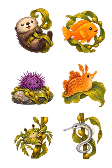 Six individual stickers: round sea otter hugging a curling kelp frond; golden garibaldi fish swimming through one kelp loop; small purple urchin resting on a kelp-covered pebble; orange sea hare perched on a broad kelp leaf; tiny green kelp crab holding its own kelp stalk; silver pipefish curled around an upright kelp stem.