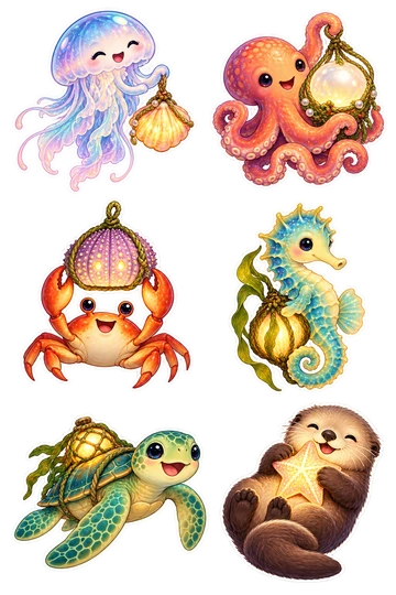 Six individual stickers: jellyfish holding a small shell lantern; octopus carrying a glowing pearl lamp; crab lifting a lantern made from a sea urchin shell; seahorse curled around a glowing kelp bulb; sea turtle with a tiny lamp tied to its shell; otter cradling a star-shaped glowing shell.