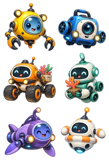 Six individual stickers: round yellow underwater exploration robot with claw arms; blue camera robot with a single friendly lens; orange seafloor rover on four rounded wheels; mint robot carrying a coral seedling; purple mini submarine robot with two fins; white floating buoy robot with tiny antenna.