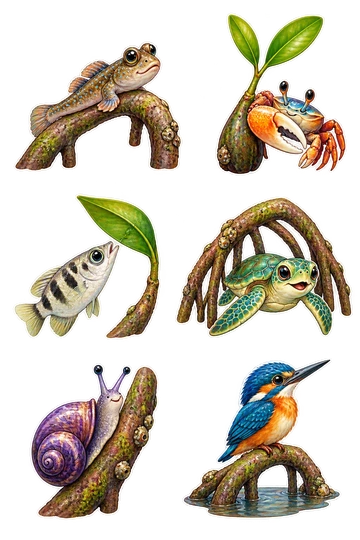 Six individual stickers: mudskipper perched on one curved mangrove root; fiddler crab beside a single sprouting mangrove seed; tiny archerfish facing upward beside a mangrove leaf; green juvenile sea turtle beneath a short arch of roots; purple mangrove snail climbing a short root; small kingfisher perched on a curved root over a tiny puddle.