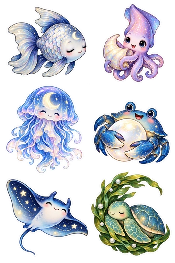 Six individual stickers: sleepy moonfish with silver scales; little squid holding a crescent-shaped shell; jellyfish with a moon-shaped pattern on its bell; blue crab hugging a pearl moon; small manta ray decorated with tiny star markings; sea turtle curled inside a crescent of seaweed.