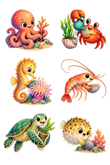 Six individual stickers: octopus planting a small coral sapling; crab watering a tiny seaweed pot; seahorse tending a sea anemone; shrimp carrying a little shell of sand; sea turtle gently carrying a seagrass seedling; pufferfish pushing a small pebble toward coral.