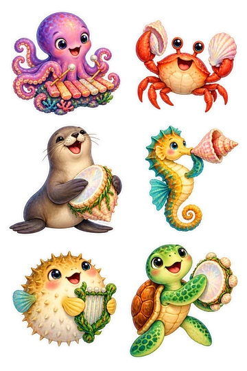 Six individual stickers: octopus playing a small coral xylophone; crab tapping two shells together; sea lion holding a shell drum; seahorse blowing a curved conch horn; pufferfish holding a tiny seaweed harp; sea turtle playing a shell tambourine.