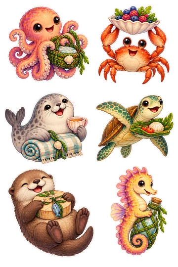 Six individual stickers: octopus holding a seaweed picnic basket; crab balancing a shell plate of tiny berries; seal with a folded beach blanket and a shell cup; sea turtle carrying a small leaf tray; otter hugging a round lunchbox with a fish charm; seahorse curled around a tiny woven bottle.