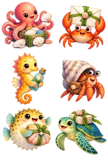 Six individual stickers: octopus sorting blank shell-shaped letters; crab carrying a blank envelope tied with seaweed; seahorse holding a tiny bottle with rolled paper; hermit crab wearing a small post bag; pufferfish carrying a sealed shell parcel; sea turtle transporting a small tied package.
