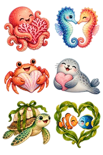 Six individual stickers: octopus hugging a coral heart; two seahorses touching snouts in one heart-shaped pose; crab holding a heart-shaped shell; seal with a heart-shaped pink pebble; sea turtle carrying a seaweed-wrapped gift; two little fish nose-to-nose inside one kelp loop.
