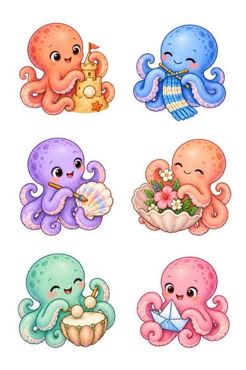 Six individual stickers: coral octopus sculpting a tiny sandcastle held in its arms; blue octopus knitting a little scarf with two arms; lavender octopus painting a clamshell with a brush; peach octopus arranging flowers inside a seashell; mint octopus gently playing a small shell drum; pink octopus folding a paper sailboat in its arms.