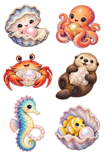 Six individual stickers: oyster carefully cradling a pink pearl; octopus holding one gold pearl in curled arms; crab carrying a pearl in a scallop dish; sea otter hugging a pearl-studded shell; seahorse with a pearl bead loop on its tail; little fish sheltering beside a pearl inside a shell.