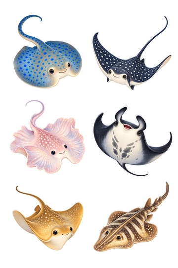Six individual stickers: round blue-spotted stingray with a gently curled tail; diamond-shaped spotted eagle ray with wide fins; pale pink butterfly ray with rippled fin edges; charcoal manta ray turned belly-up in a playful roll; small golden cownose ray with soft curved head; striped guitarfish with a broad rounded front and tapered tail.