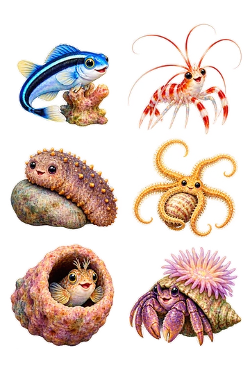 Six individual stickers: blue cleaner wrasse smiling beside a tiny coral nub; red-and-white cleaner shrimp with long rounded antennae; little sea cucumber resting against a smooth reef stone; golden brittle star curled around one small shell; small blenny peeking from a hollow coral tube; purple hermit crab carrying a shell topped by one anemone.