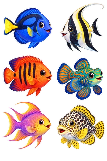 Six individual stickers: round royal blue tang with yellow tail; striped Moorish idol with long curved dorsal fin; red flame angelfish with black bars; green mandarinfish with swirling orange patterns; purple anthias with golden face; spotted sweetlips fish with rounded fins.