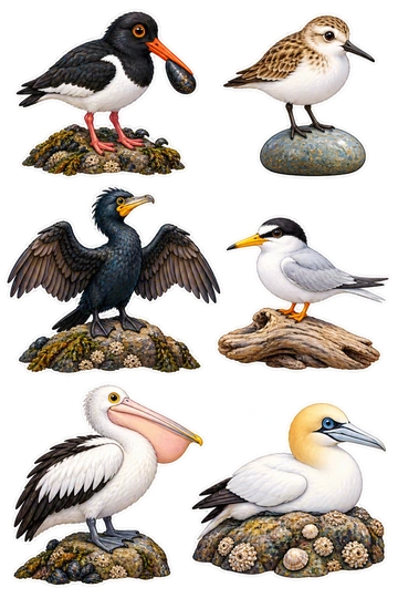 Six individual stickers: oystercatcher holding a small mussel; sandpiper standing on one smooth pebble; cormorant spreading wings on a low rock; little tern perched on driftwood; pelican with a folded wing and round pouch; gannet sitting on a shell-speckled rock.