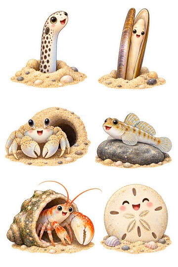 Six individual stickers: garden eel peeking from a sandy mound; razor clam standing inside a little sand patch; ghost crab outside a round burrow; sand goby resting on a smooth pebble; pistol shrimp holding a shell doorway; little sand dollar with a smiling face.