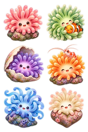 Six individual stickers: pink anemone with short rounded tentacles; green anemone hugging a small clownfish; purple anemone living inside a broken shell; orange anemone crowned by one tiny shrimp; blue anemone with curling ribbon tentacles; cream anemone on a small heart-shaped rock.