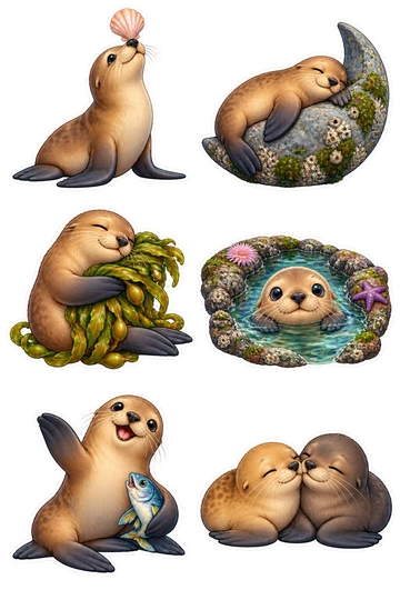 Six individual stickers: sea lion balancing a shell on its nose; sea lion sleeping on a crescent-shaped rock; sea lion hugging a seaweed pillow; sea lion pup peeking from a tide pool; sea lion waving one flipper with a small fish tucked nearby; two tiny sea lions resting nose-to-nose as one group.