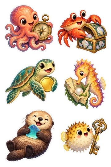Six individual stickers: octopus holding an old brass compass with no letters; crab opening a small shell-inlaid chest; sea turtle carrying a smooth golden coin without symbols; seahorse finding a pearl inside a folded map without text; otter holding a polished blue sea glass jewel; tiny pufferfish beside a small ornate key.