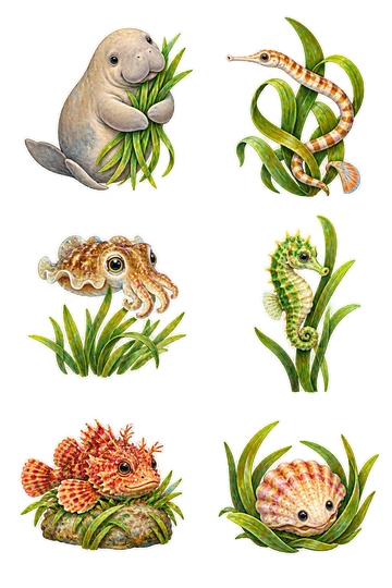 Six individual stickers: dugong hugging a short bunch of seagrass; striped pipefish intertwined with broad seagrass blades; tiny cuttlefish hovering above a small seagrass tuft; green juvenile seahorse clinging to one seagrass stem; little red scorpionfish camouflaged against a small grass-covered pebble; tiny scallop shell nestled in an arc of seagrass.