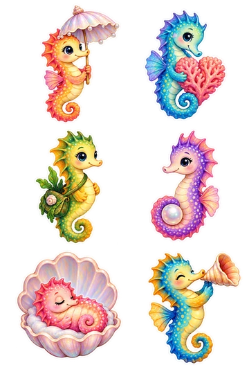 Six individual stickers: seahorse holding a tiny shell umbrella; seahorse curled around a coral heart; seahorse wearing a small seaweed satchel; seahorse carrying a pearl in its curled tail; seahorse sleeping in a scallop cradle; seahorse playing a little shell trumpet.