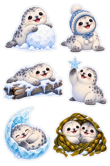 Six individual stickers: seal pup hugging a snowball; seal wearing a tiny knitted bonnet; seal resting on a snow-covered driftwood log; seal balancing a small star-shaped ice crystal; seal curled in an icy crescent; two seal pups sharing one kelp blanket.
