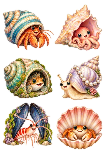Six individual stickers: hermit crab in a striped turban shell; tiny octopus peeking from a conch home; blenny inside a spiral shell doorway; sea snail with a pearl-decorated shell roof; shrimp standing at a mussel-shell arch; small crab nestled inside a scallop shell.