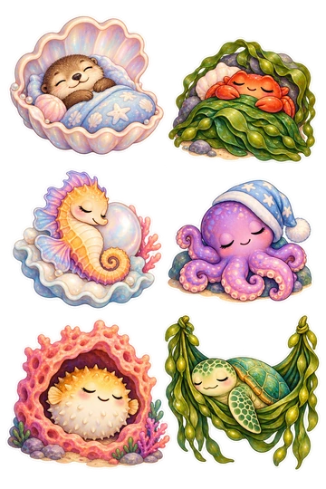 Six individual stickers: otter tucked inside a shell bed; crab sleeping under a seaweed quilt; seahorse curled on a pearl pillow; octopus wearing a small sleeping cap; pufferfish asleep inside a coral nook; sea turtle resting on a kelp hammock.