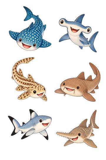 Six individual stickers: round friendly spotted whale shark seen from above; smiling hammerhead shark with a broad rounded head; small striped zebra shark in a curled swimming pose; plump nurse shark with rounded fins; tiny blacktip reef shark with dark-tipped fins; cheerful sawshark with a short softly toothed snout.