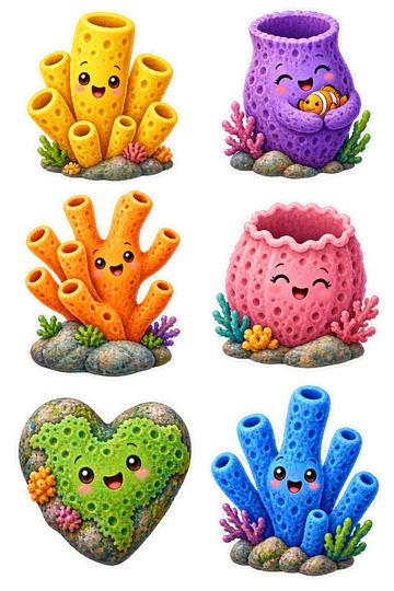 Six individual stickers: yellow tube sponge with a cheerful face; purple vase sponge holding a tiny fish; orange branching sponge on a pebble; pink barrel sponge with scalloped rim; green encrusting sponge on a heart-shaped rock; blue finger sponge with five rounded branches.